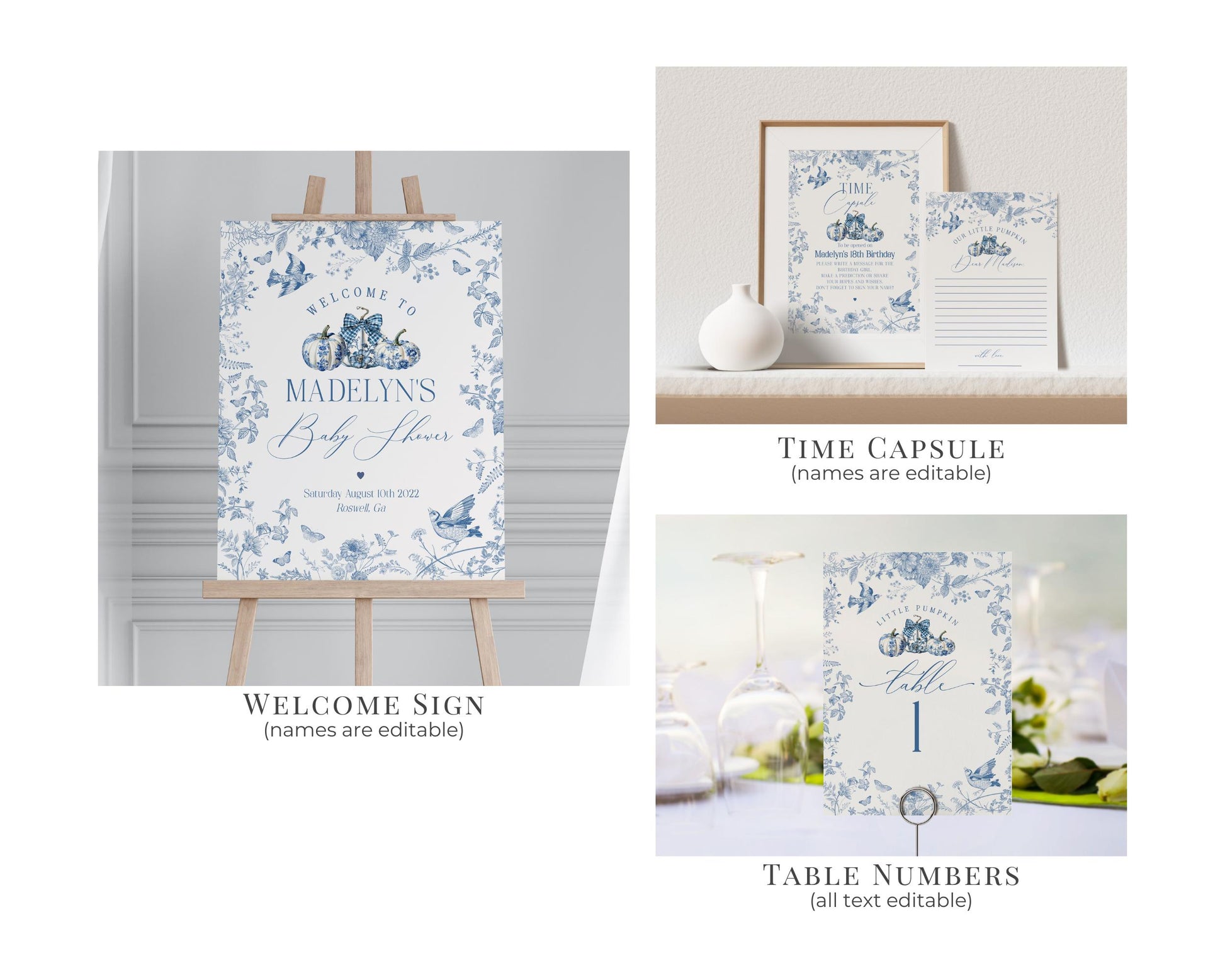 Blue Toile De Jouy Baby Shower Printable Bundle, Blue Fall Chinoiserie Decor for October French Baby Brunch, Autumn Shower Decor