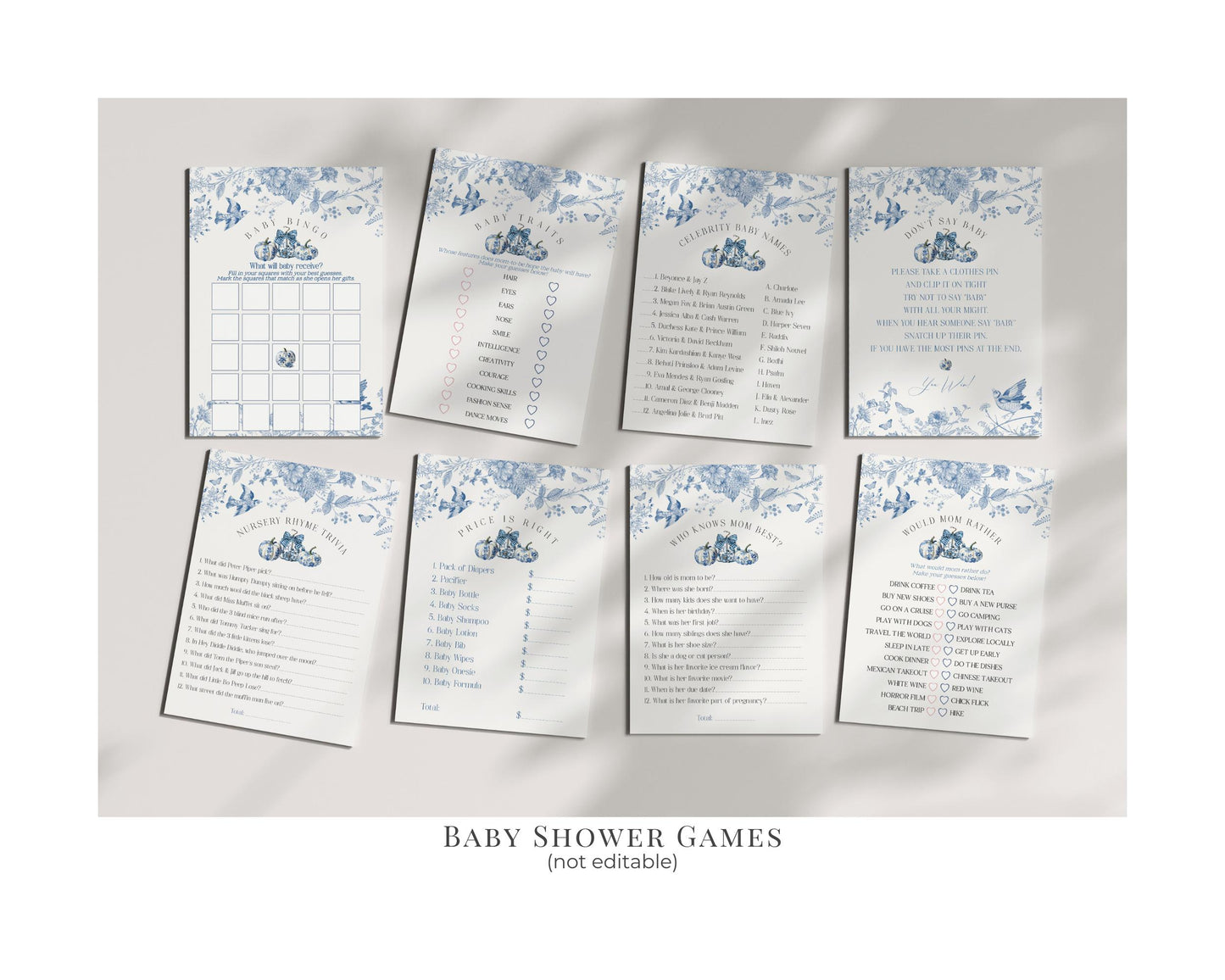 Blue Toile De Jouy Baby Shower Printable Bundle, Blue Fall Chinoiserie Decor for October French Baby Brunch, Autumn Shower Decor