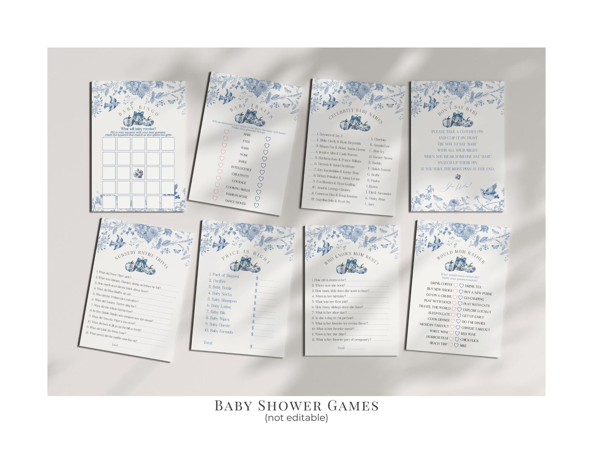 Blue Toile De Jouy Baby Shower Printable Bundle, Blue Fall Chinoiserie Decor for October French Baby Brunch, Autumn Shower Decor