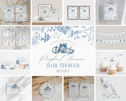 Blue Toile De Jouy Baby Shower Printable Bundle, Blue Fall Chinoiserie Decor for October French Baby Brunch, Autumn Shower Decor