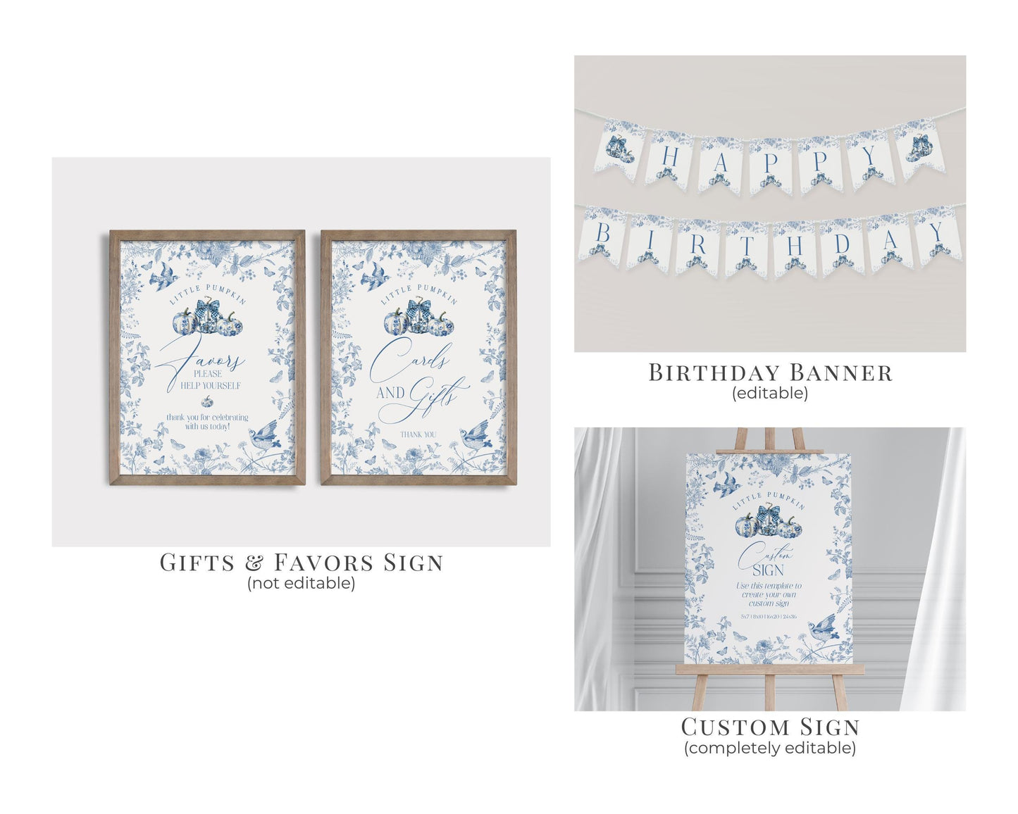 Blue Toile De Jouy First Birthday Bundle Printable Template, Blue Fall Chinoiserie Decor for October French Birthday Party Autumn Decor