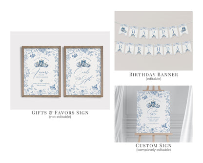 Blue Toile De Jouy First Birthday Bundle Printable Template, Blue Fall Chinoiserie Decor for October French Birthday Party Autumn Decor