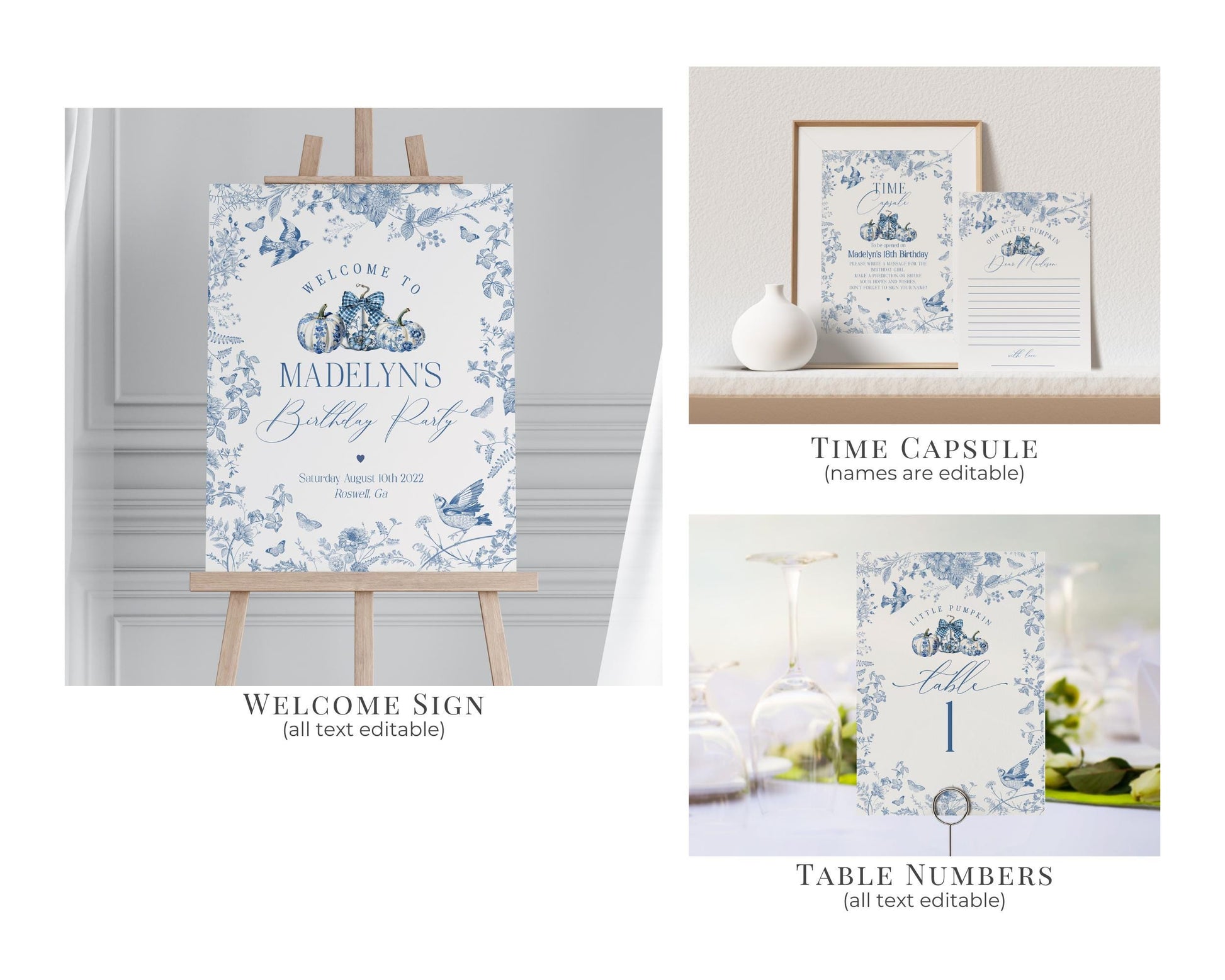 Blue Toile De Jouy First Birthday Bundle Printable Template, Blue Fall Chinoiserie Decor for October French Birthday Party Autumn Decor