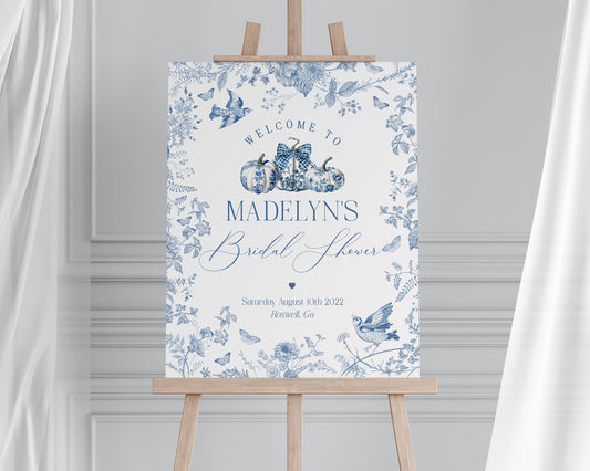 Blue Toile De Jouy Pumpkins Bridal Shower Welcome Sign Printable Template, Fall Chinoiserie Bridal Shower for September October Wedding