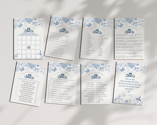 Blue Toile De Jouy Pumpkin Bridal Shower Games Set Printable Template, Fall Chinoiserie Bridal Shower for September October French Theme