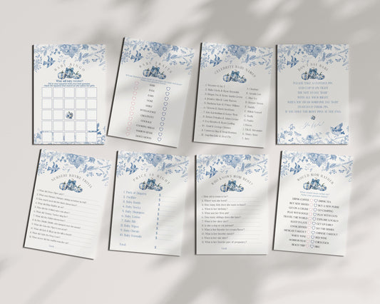 Blue Toile Pumpkin Baby Shower Games Set Printable Template, Fall chinoiserie baby shower decor September October Autumn French Theme