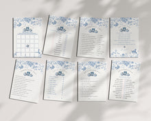  Blue Toile Pumpkin Baby Shower Games Set Printable Template, Fall chinoiserie baby shower decor September October Autumn French Theme