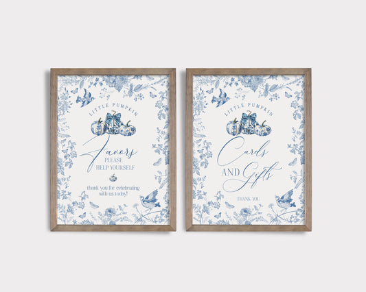 Blue Toile De Jouy Pumpkin Cards & Gifts and Favors Sign Printable Template, Fall chinoiserie baby or bridal brunch September October French