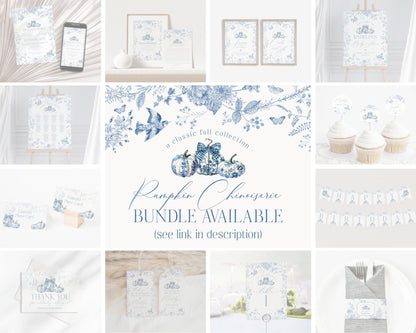 Blue Toile De Jouy Pumpkin Cards & Gifts and Favors Sign Printable Template, Fall chinoiserie baby or bridal brunch September October French