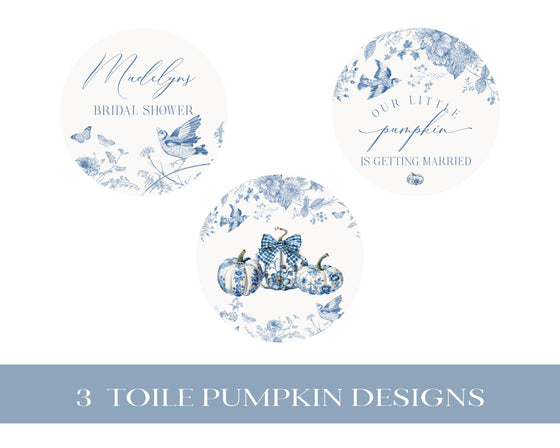 Blue Toile De Jouy Pumpkin Bridal Shower Cupcake Toppers Printable Template, Fall Chinoiserie Bridal Shower September October French Theme