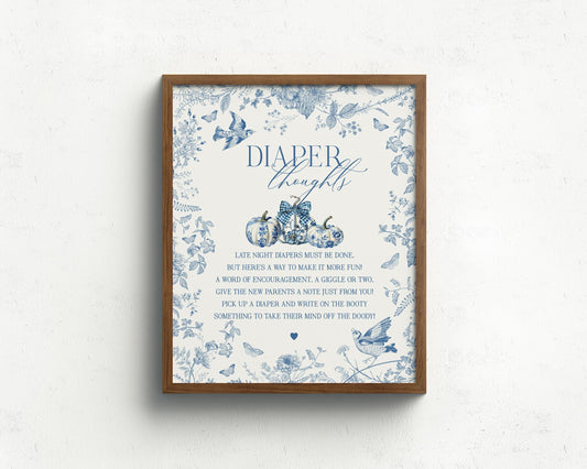 Blue Toile De Jouy Pumpkin Baby Shower Diaper Thoughts Sign Printable Template, Fall chinoiserie baby shower decor September October French