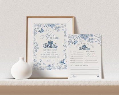 Blue Toile De Jouy Pumpkin Advice for Baby Cards Printable Template, Fall chinoiserie baby shower decor September October French Theme