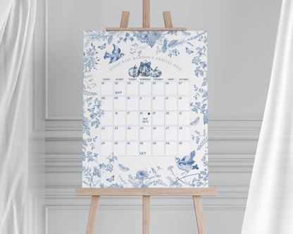 Blue Toile De Jouy Pumpkin Baby Shower Guess the Date Game Template, Fall chinoiserie baby shower decor September October French Theme