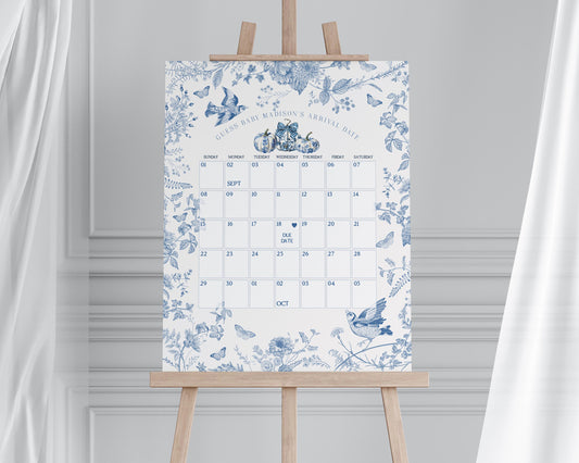 Blue Toile De Jouy Pumpkin Baby Shower Guess the Date Game Template, Fall chinoiserie baby shower decor September October French Theme