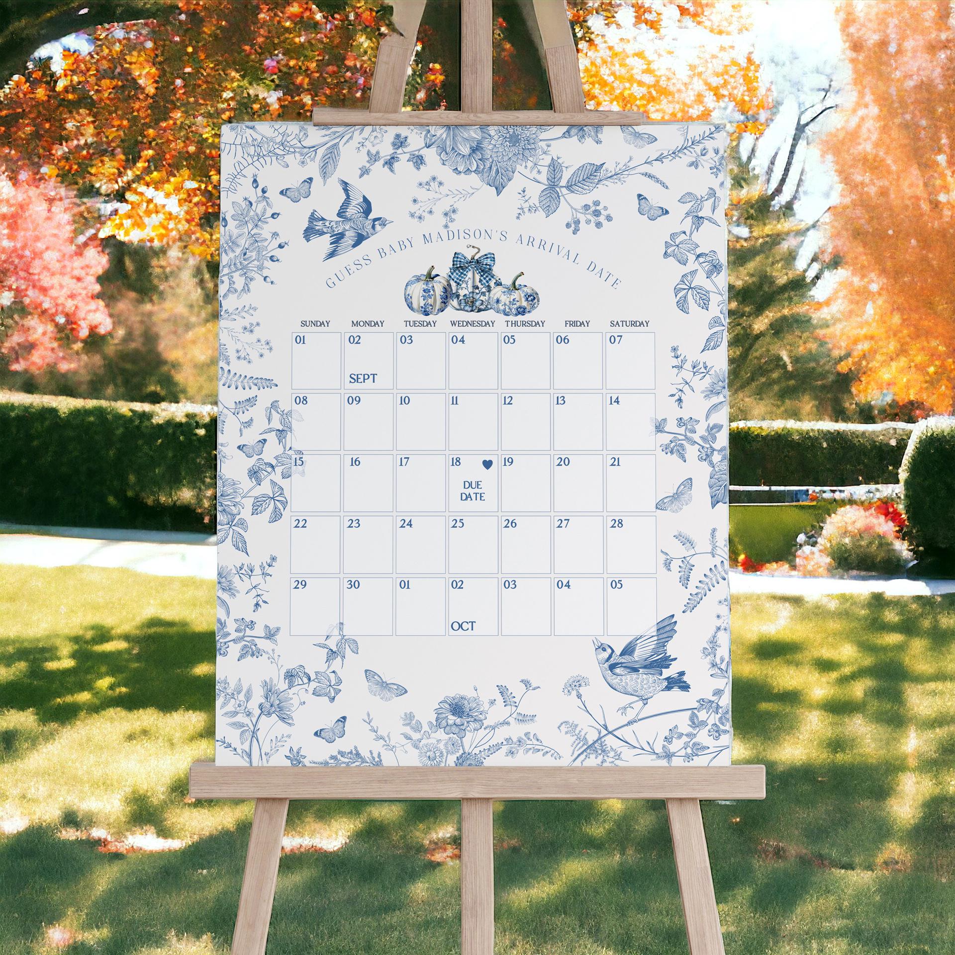 Blue Toile De Jouy Pumpkin Baby Shower Guess the Date Game Template, Fall chinoiserie baby shower decor September October French Theme