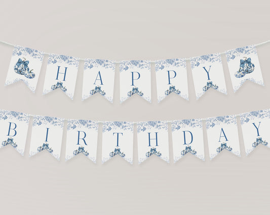 Blue Toile De Jouy Pumpkin Happy Birthday Banner Template, Fall Chinoiserie Birthday Party for September October Bday Autumn French Theme