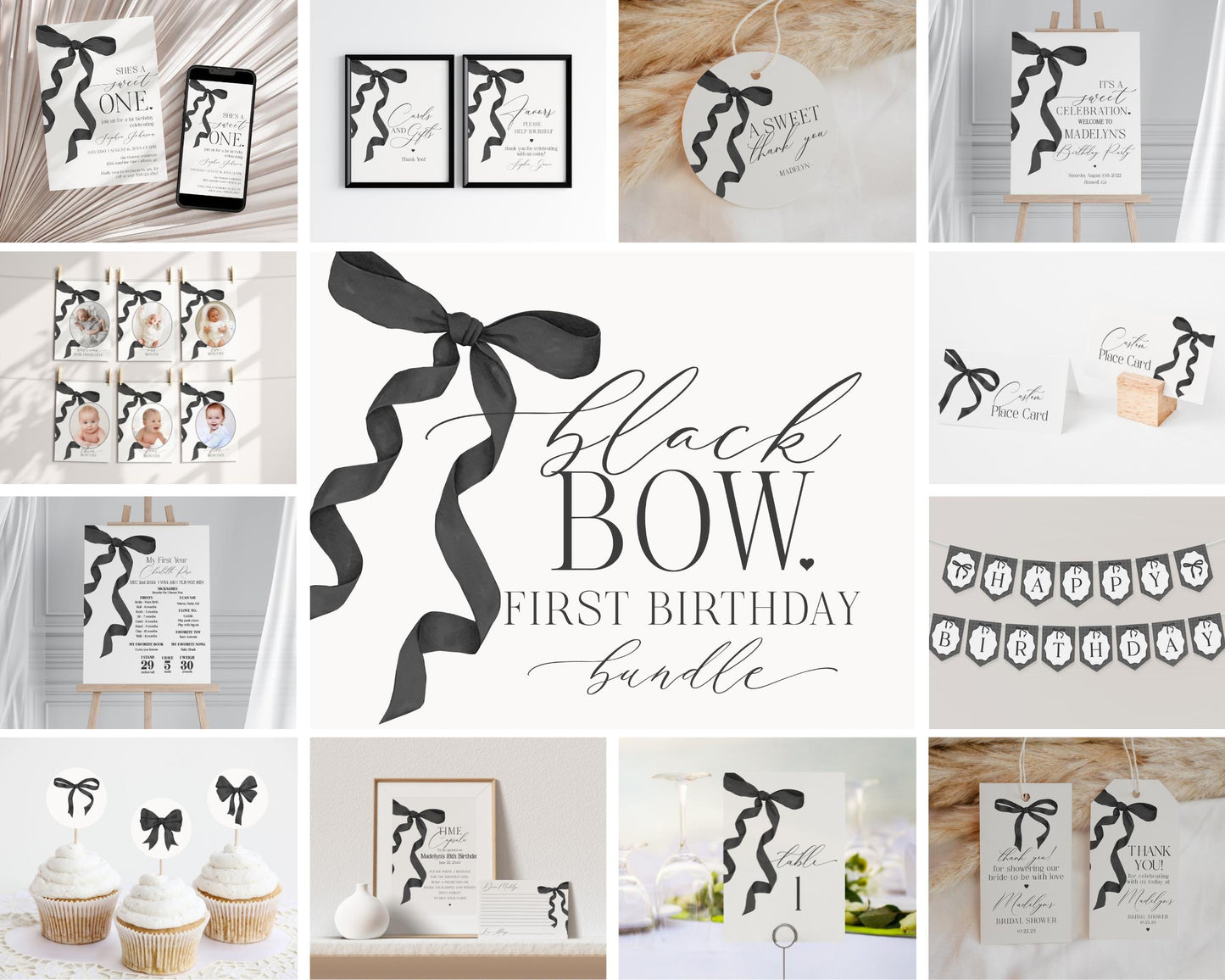 Black Bow First Birthday Bundle Printable Template, Watercolor preppy coquette bow theme party for fancy southern girl, grandmillenial bow