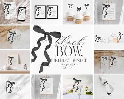 Black Bow Birthday Bundle Printable Template, Watercolor preppy coquette bow theme party for fancy southern girl, grandmillenial bow decor