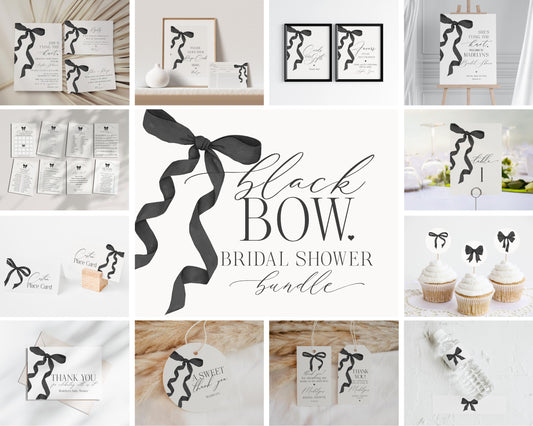 Black Bow Bridal Shower Bundle Printable Template, Shes Tying the Knot preppy coquette bow theme party for fancy southern wedding