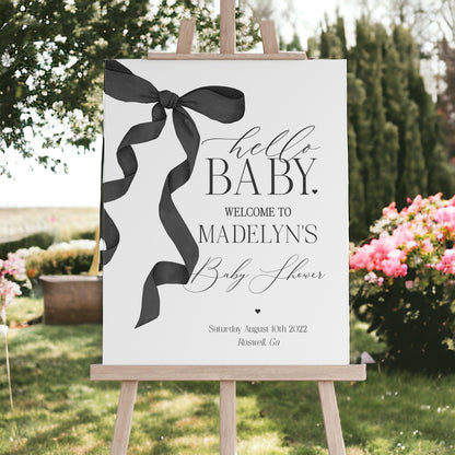 Black Bow Baby Shower Welcome Sign Printable Template, Watercolor preppy coquette bow theme party for fancy southern girl grandmillenial bow