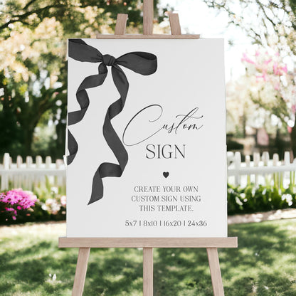 Black Bow Custom Sign Printable Party Decor for Bridal Shower, preppy coquette bow theme baby shower for fancy wedding