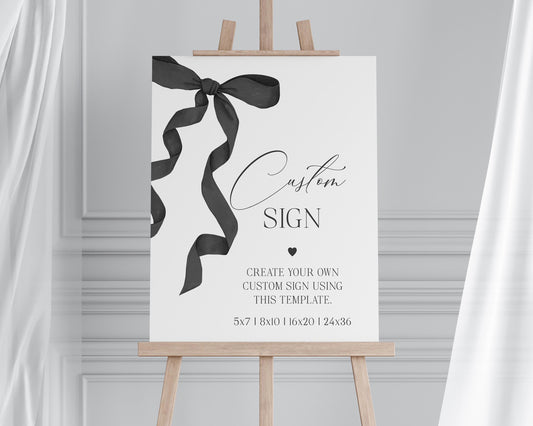 Black Bow Custom Sign Printable Party Decor for Bridal Shower, preppy coquette bow theme baby shower for fancy wedding