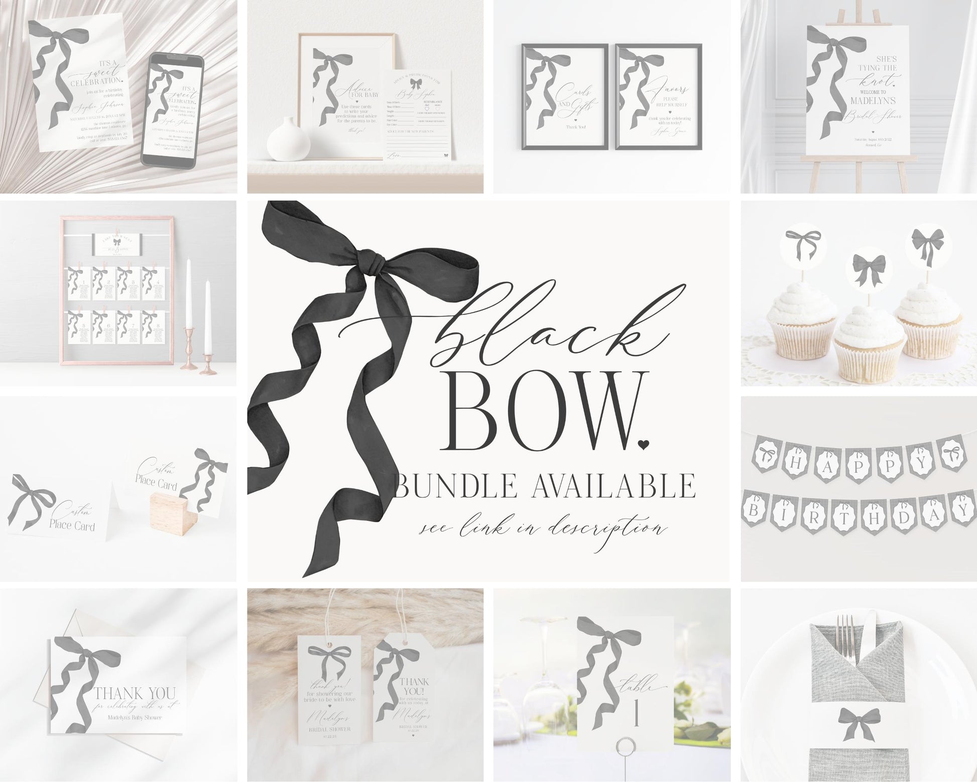 Black Bow Custom Sign Printable Party Decor for Bridal Shower, preppy coquette bow theme baby shower for fancy wedding