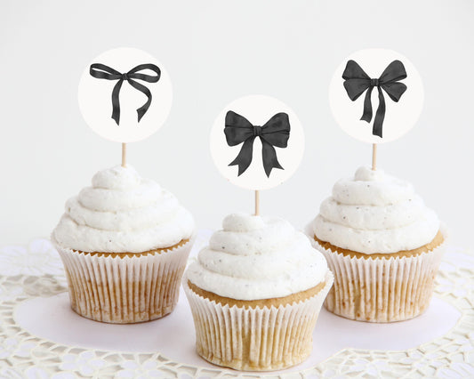 Black Bow Cupcake Toppers Printable for Baby Sprinkle Birthday or Bridal Shower, preppy coquette bow theme party decor for fancy wedding