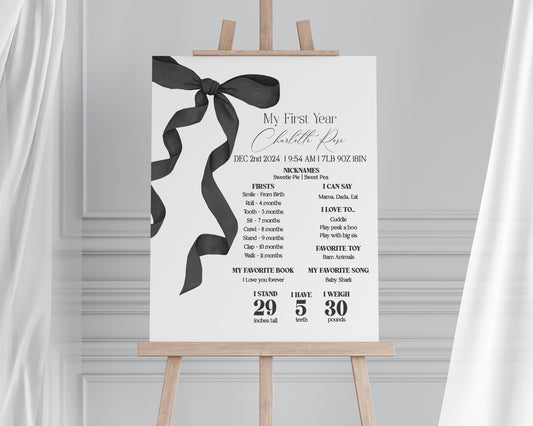 Black Bow First Year Milestone Sign Printable Template, preppy coquette theme party for fancy southern girl grandmillenial bow 1st birthday