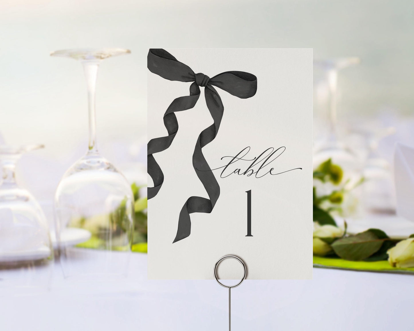 Black Bow Table Number Cards Printable Template, preppy coquette bow theme party for fancy southern wedding grandmillenial bow bridal shower