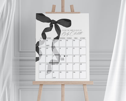 Black Bow Baby Shower Guess the Date Game Template, preppy coquette bow theme party for fancy southern girl grandmillenial bow baby sprinkle