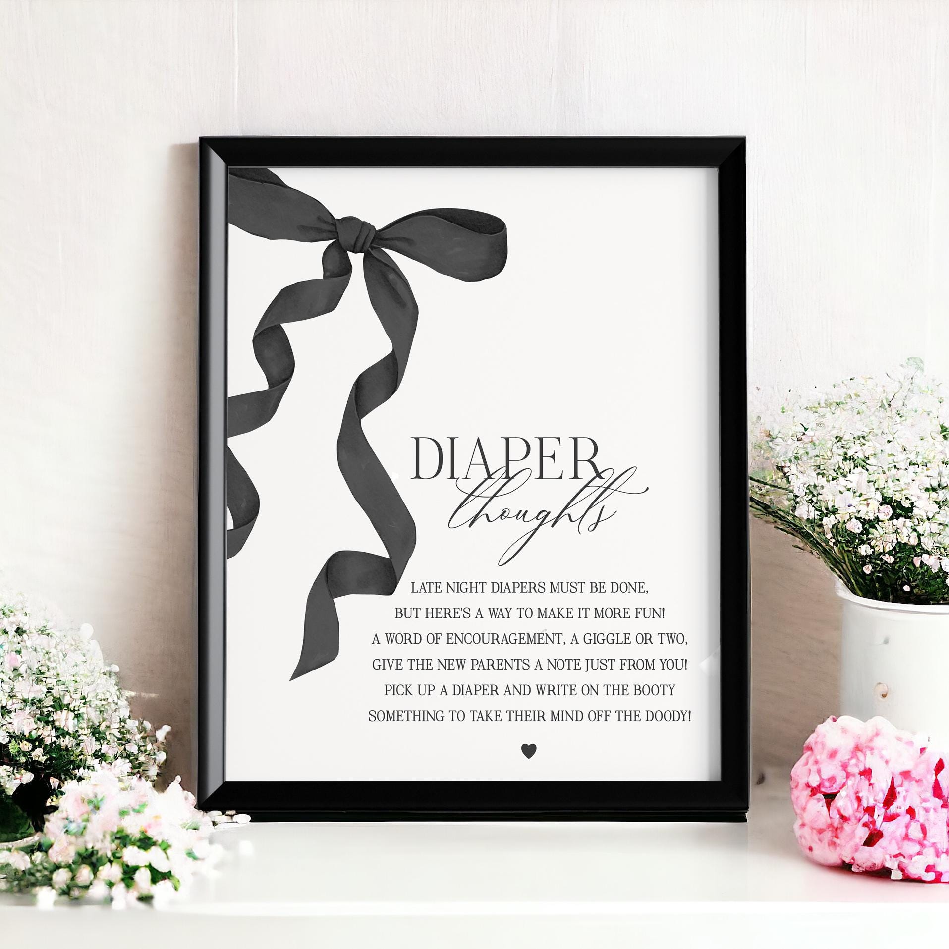 Black Bow Baby Shower Diaper Thoughts Sign Printable Template, preppy coquette bow theme party for baby sprinkle fancy southern girl