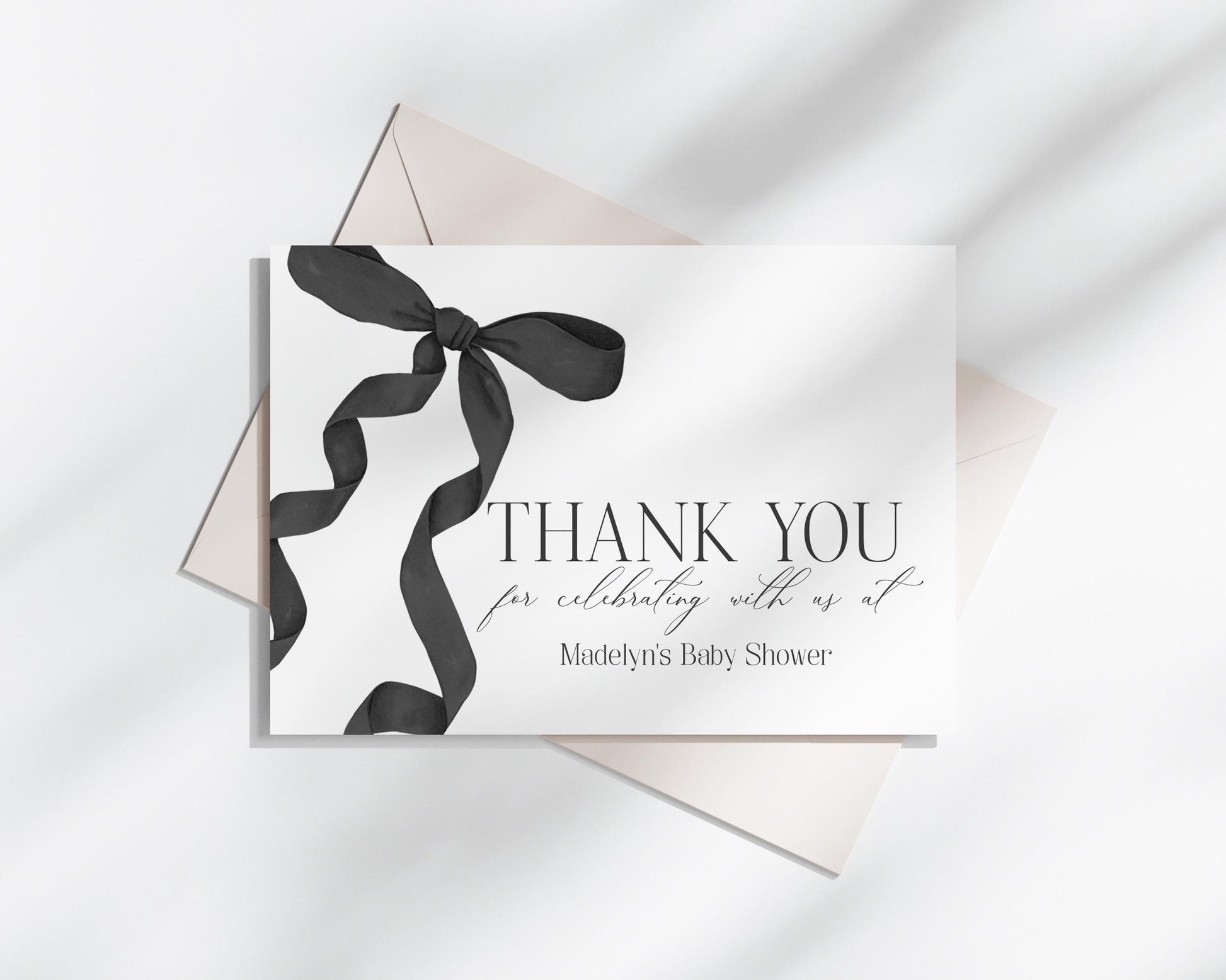 Black Bow Thank You Card Printable Template, preppy coquette bow theme wedding for fancy southern girl baby shower, grandmillenial bow decor