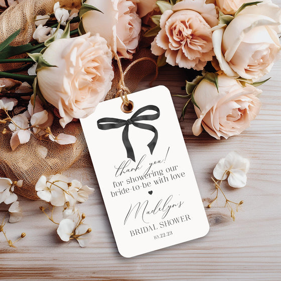 Black Bow Bridal Shower Favor Tags Printable Template, preppy coquette bow theme wedding fancy southern bride, grandmillenial bridal brunch