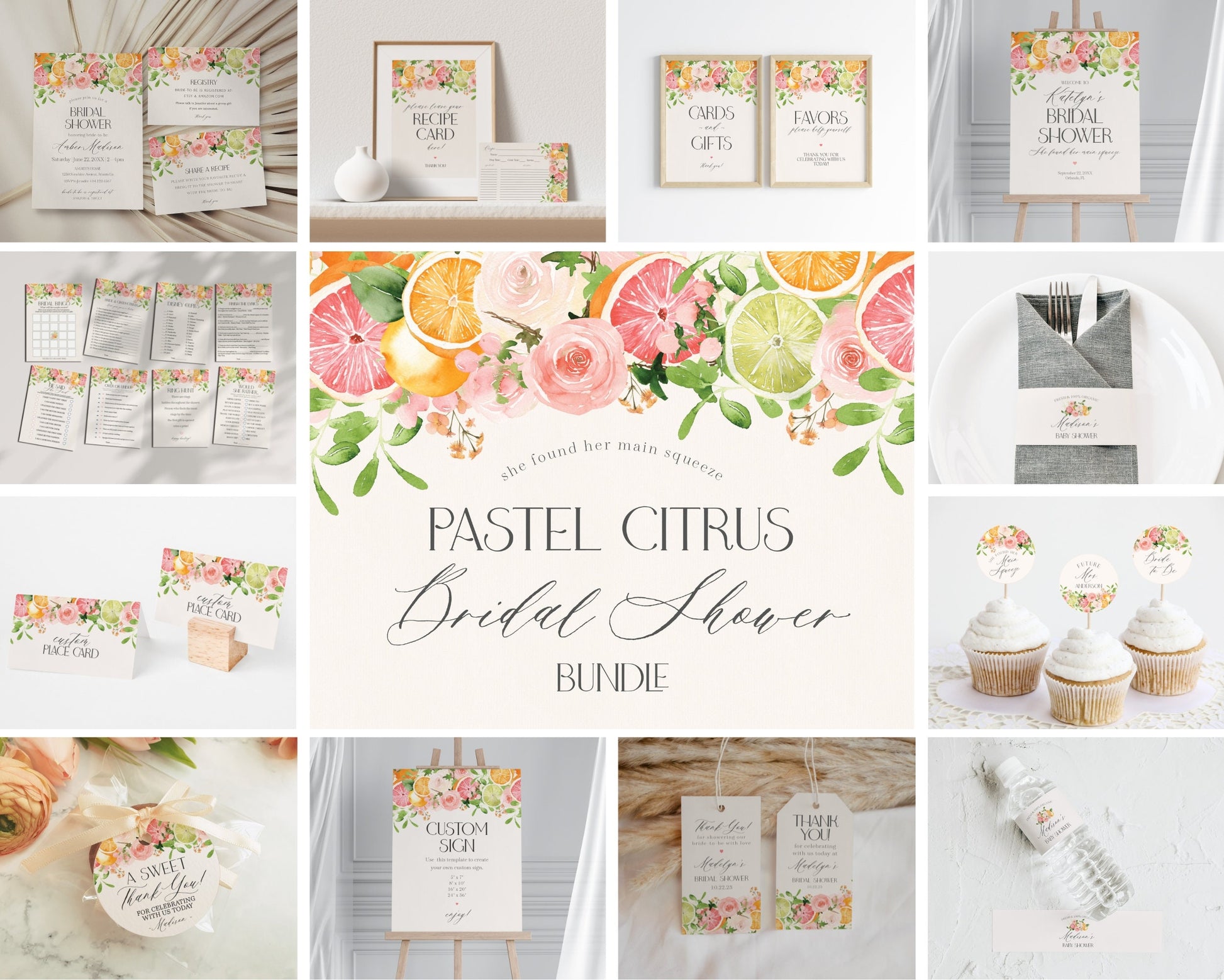 Pastel Citrus Bridal Shower Printable Bundle, Main Squeeze Bridal Brunch for Summer Bridal Shower, Tropical Bridal Shower Decor