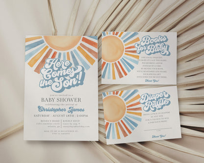 Here Comes The Son Baby Shower Invitation Printable Template, Sunshine Baby Sprinkle Decor for Boy Baby Shower, Little Ray of Sonshine Party