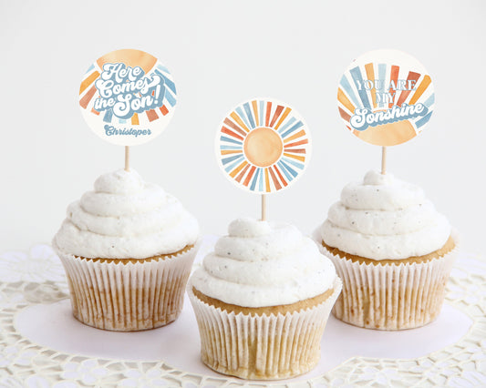 Here Comes The Son Baby Shower Cupcake Toppers Printable Template, Sunshine Baby Sprinkle Decor for Boy Baby Shower, Little Ray of Sonshine