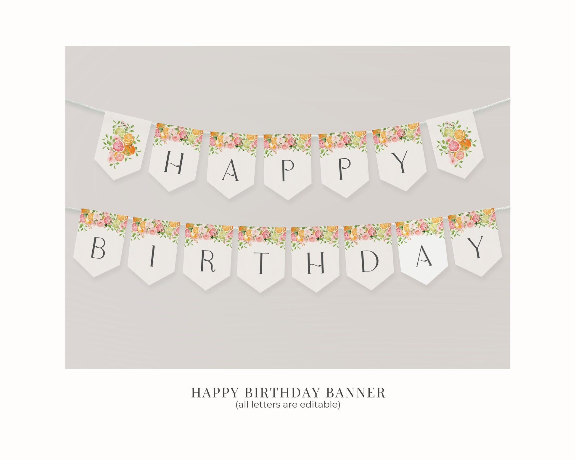 Pastel Citrus Happy Birthday Banner Printable Template, Little Cutie Coastal Party Decor for Summer Tropical Birthday Party Decor