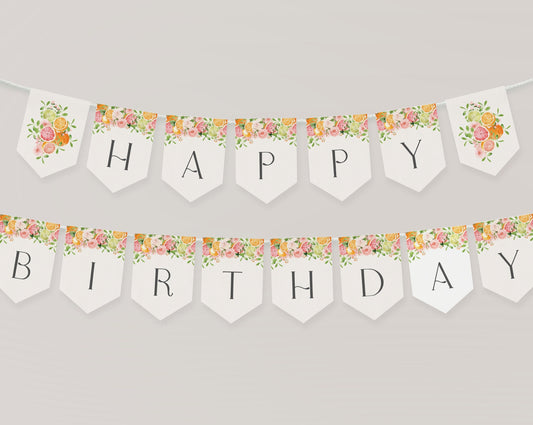 Pastel Citrus Happy Birthday Banner Printable Template, Little Cutie Coastal Party Decor for Summer Tropical Birthday Party Decor