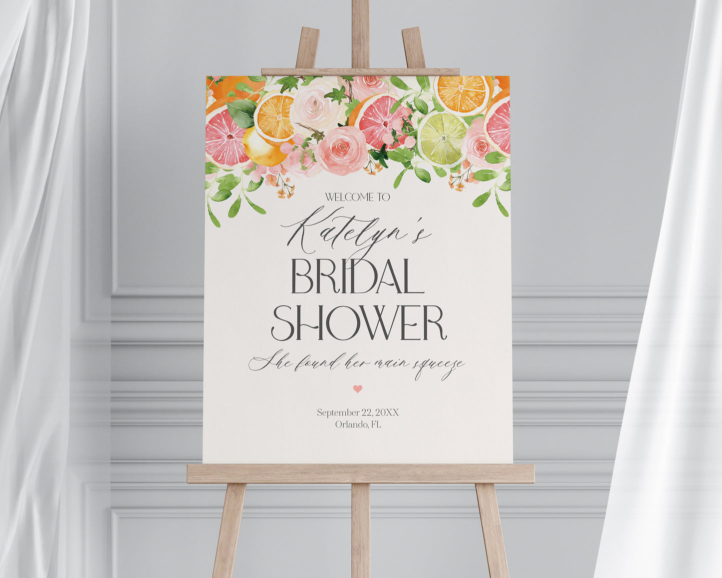 Pastel Citrus Bridal Shower Welcome Sign Printable Template, Main Squeeze Bridal Brunch for Summer Bridal Shower, Tropical Shower Decor