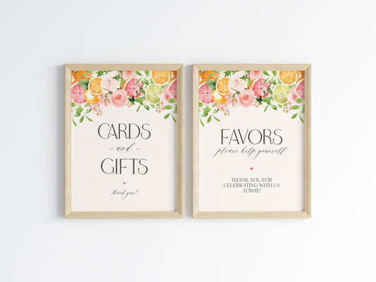 Pastel Citrus Cards & Gifts and Favors Sign Printable Template, Coastal Birthday Decor for Summer Tropical Baby or Florida Bridal Shower