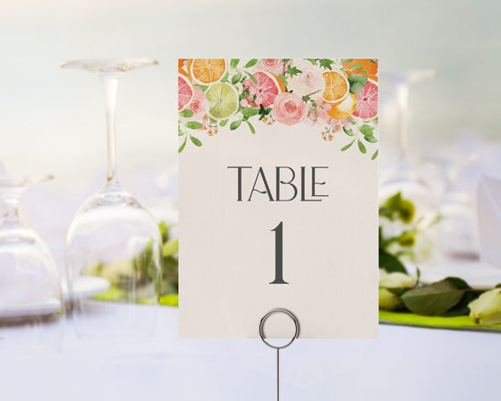 Pastel Citrus Table Number Cards Printable Template, Coastal Birthday Decor for Summer Tropical Baby or Bridal Shower, Tropical Party Decor