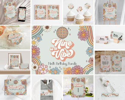 Nine is a Vibe Groovy Floral Ninth Birthday Bundle Template, boho hippie invite for girl, 9th birthday party retro groovy party pack