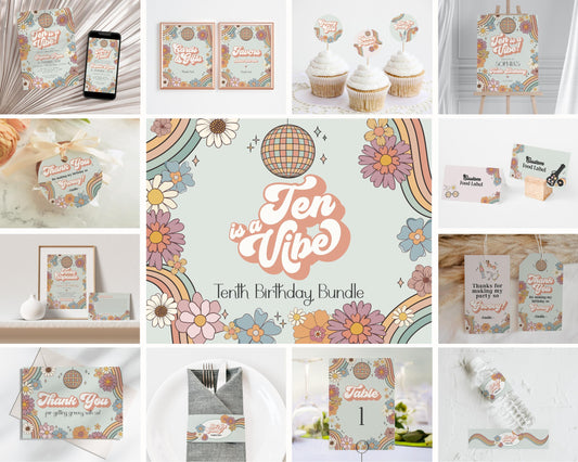 Ten is a Vibe Groovy Floral Tenth Birthday Bundle Template, boho hippie invite for girl, 10th birthday party retro groovy party pack