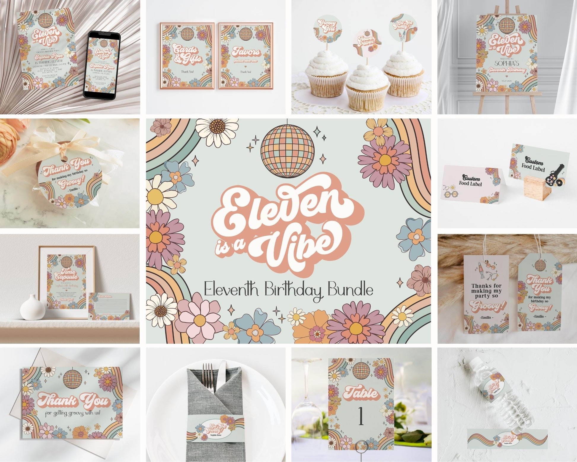 Eleven is a Vibe Groovy Floral Eleventh Birthday Bundle Template, boho hippie invite for girl, 11th birthday party retro groovy party pack