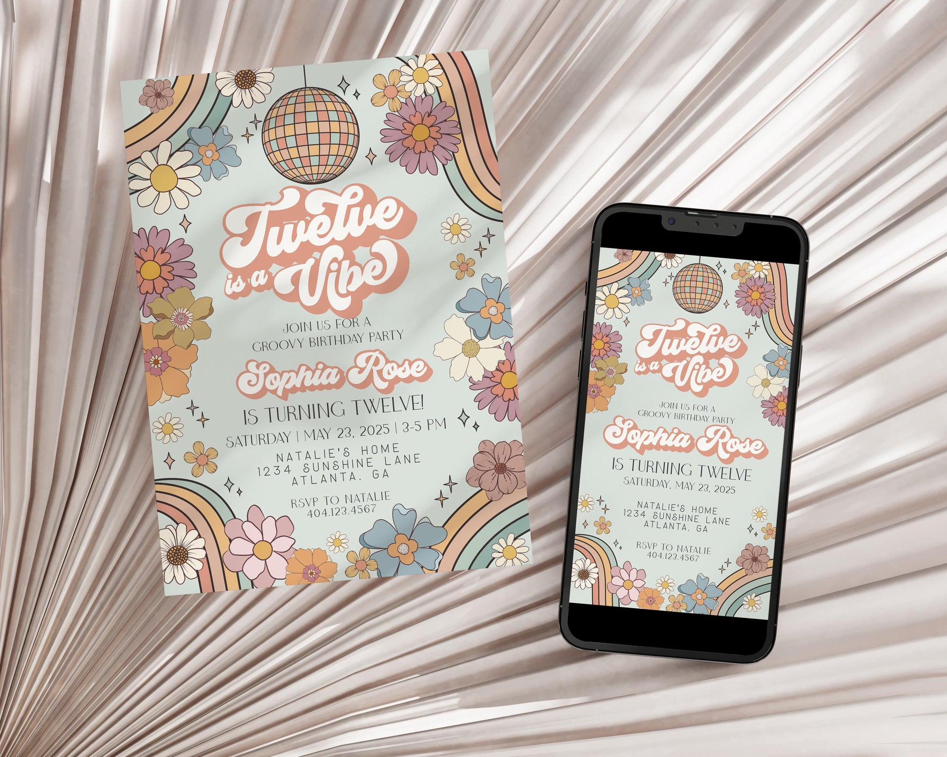 Twelve is a Vibe Groovy Floral Twelfth Birthday Bundle Template, boho hippie invite for girl, 12th birthday party retro groovy party pack