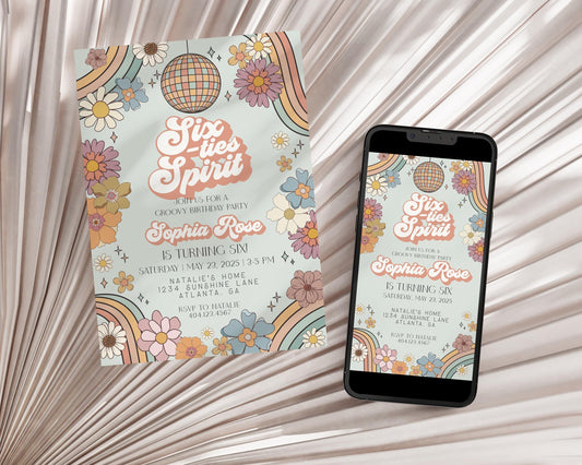 Six-ties Spirit Groovy Floral 6th Birthday Invitation Template, six is a vibe third birthday party invite retro 70s disco party