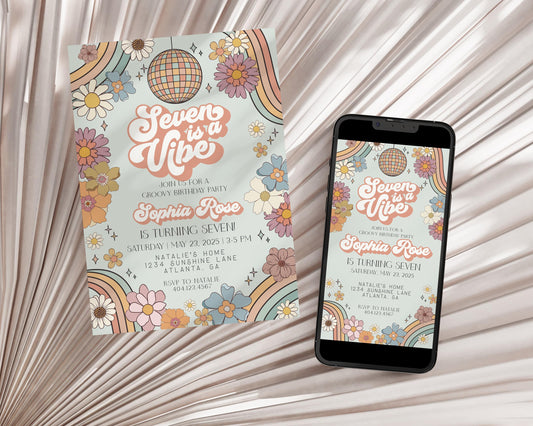 Seven is a Vibe Groovy Floral 7th Birthday Invitation Template, retro seventh birthday party invite for 70s disco party for girl