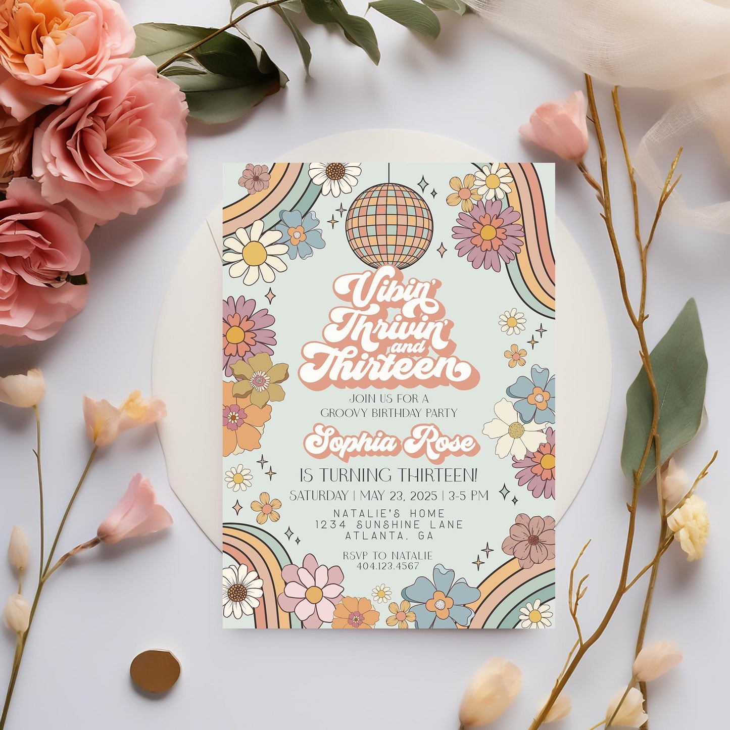 Vibin Thrivin and Thirteen Groovy Floral 13th Birthday Invitation Template, retro thirteenth birthday party invite for 70s disco party girl