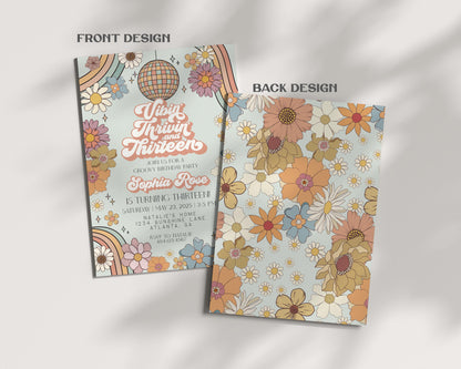 Vibin Thrivin and Thirteen Groovy Floral 13th Birthday Invitation Template, retro thirteenth birthday party invite for 70s disco party girl